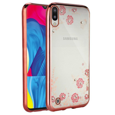 Силиконови гърбове Силиконови гърбове за Samsung Луксозен силиконов гръб ТПУ ултратънък с 3D камъни и златисто розов кант за Samsung Galaxy M10 M105F розови цветя 